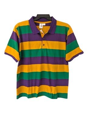 NWT Mardi Gras Polo Shirt Mens L Striped Purple Green Gold Festive Tee 22.5x28